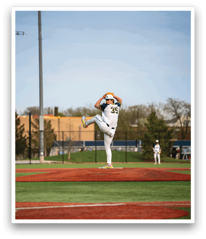 A baseball player in a white uniform is in the middle of a pitch, with his leg in the air. AI generated content