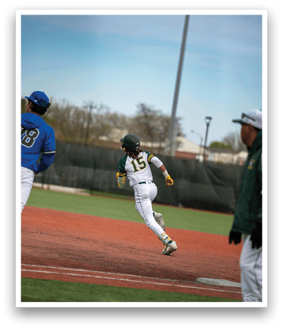 A baseball player wearing a green and white uniform is running towards a base. AI generated content