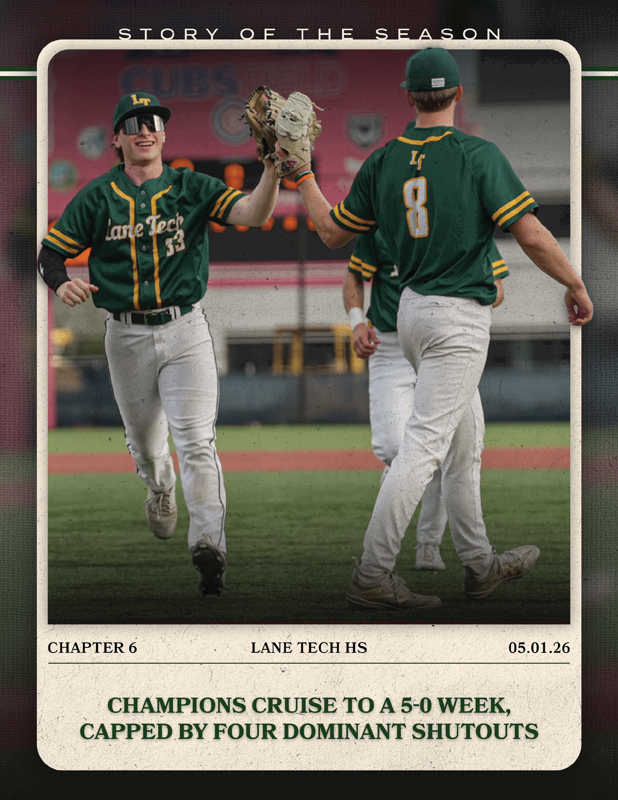A baseball player wearing a green and white uniform. Description generated by AI