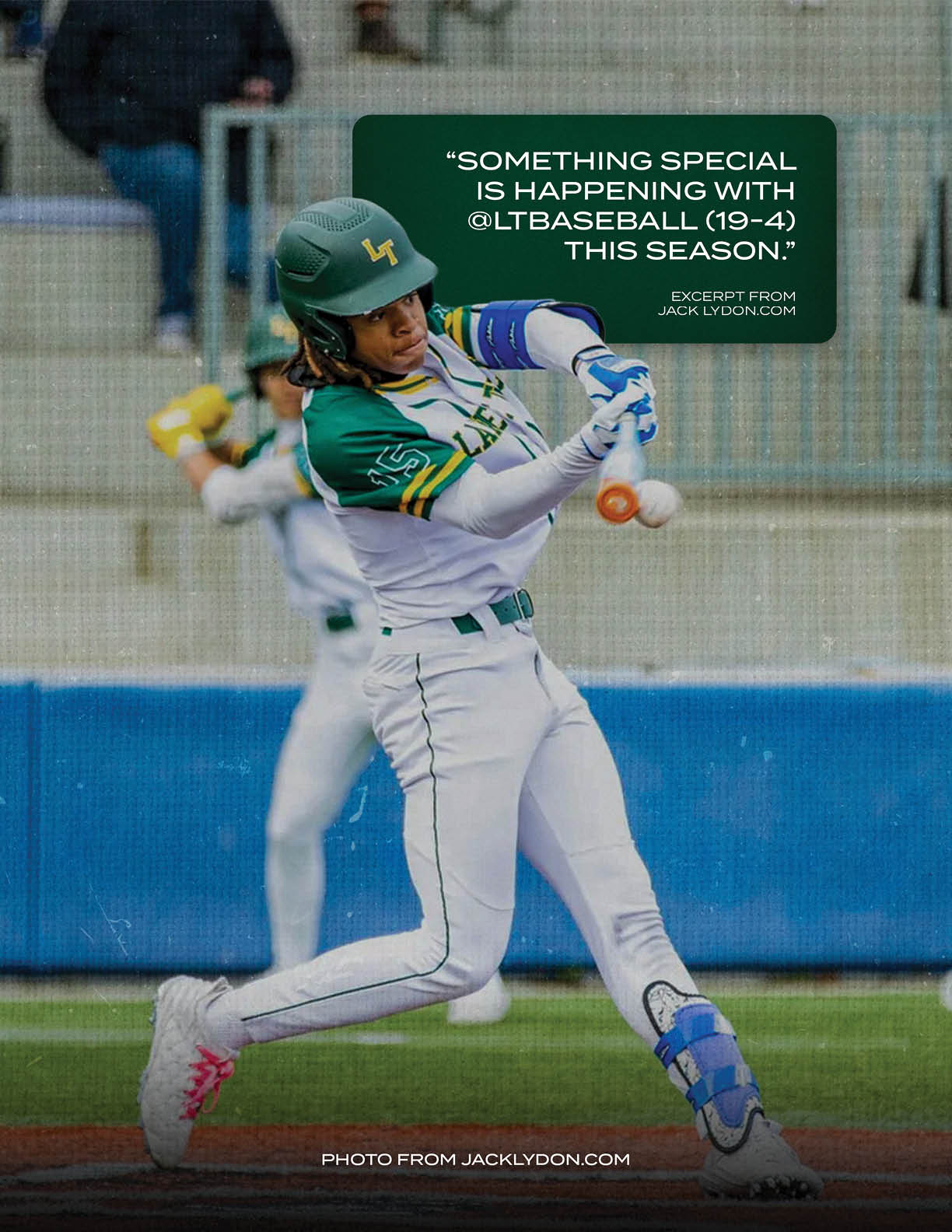 A baseball player in a green and white uniform is swinging a bat. Description generated by AI