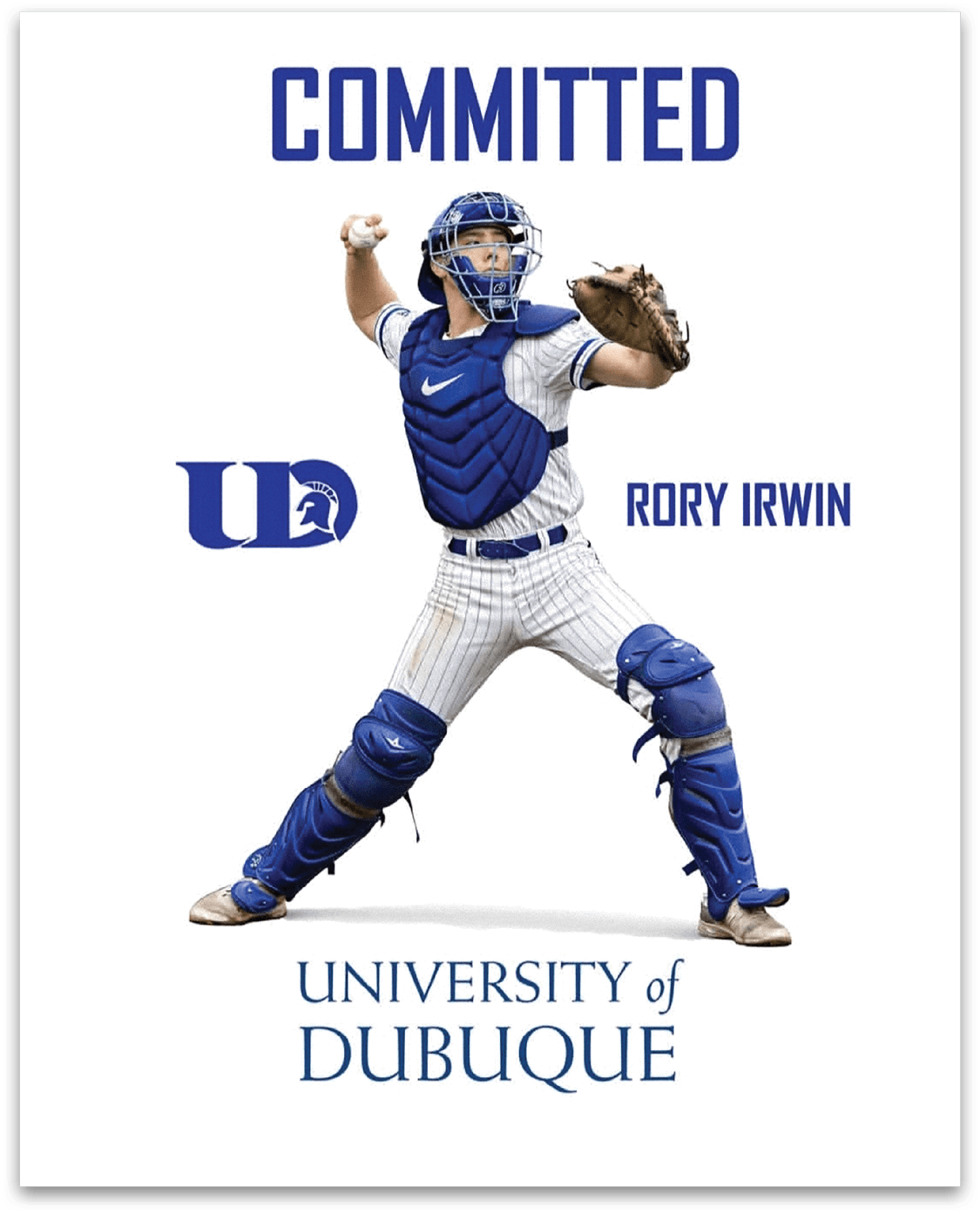 A baseball player in a blue and white uniform is shown in a catching stance, wearing a baseball glove. AI generated content