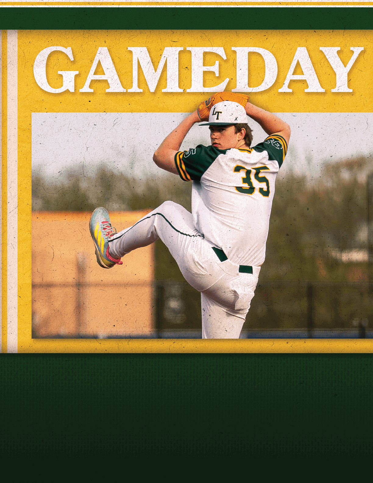 A baseball player in a green and yellow uniform. Description generated by AI