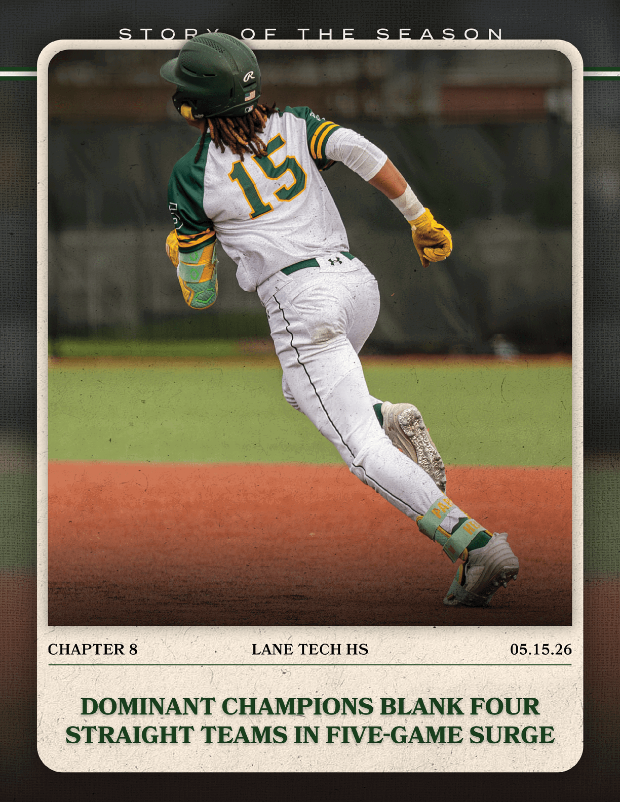 A baseball player wearing a green and white uniform. Description generated by AI
