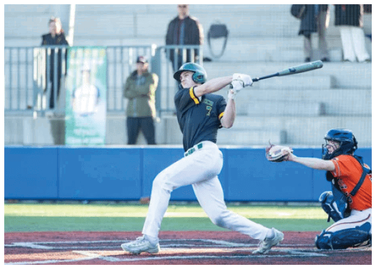 A baseball player is swinging a bat at a ball. Description generated by AI
