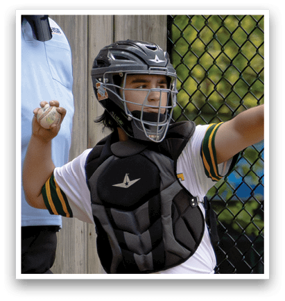 A baseball player wearing a catcher's mitt. Description generated by AI
