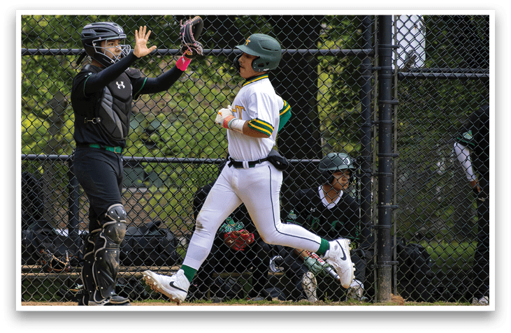 A baseball player is running to the base while another player is holding up his glove. Description generated by AI