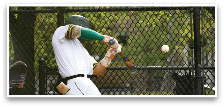 A baseball player is swinging a bat at a ball. Description generated by AI
