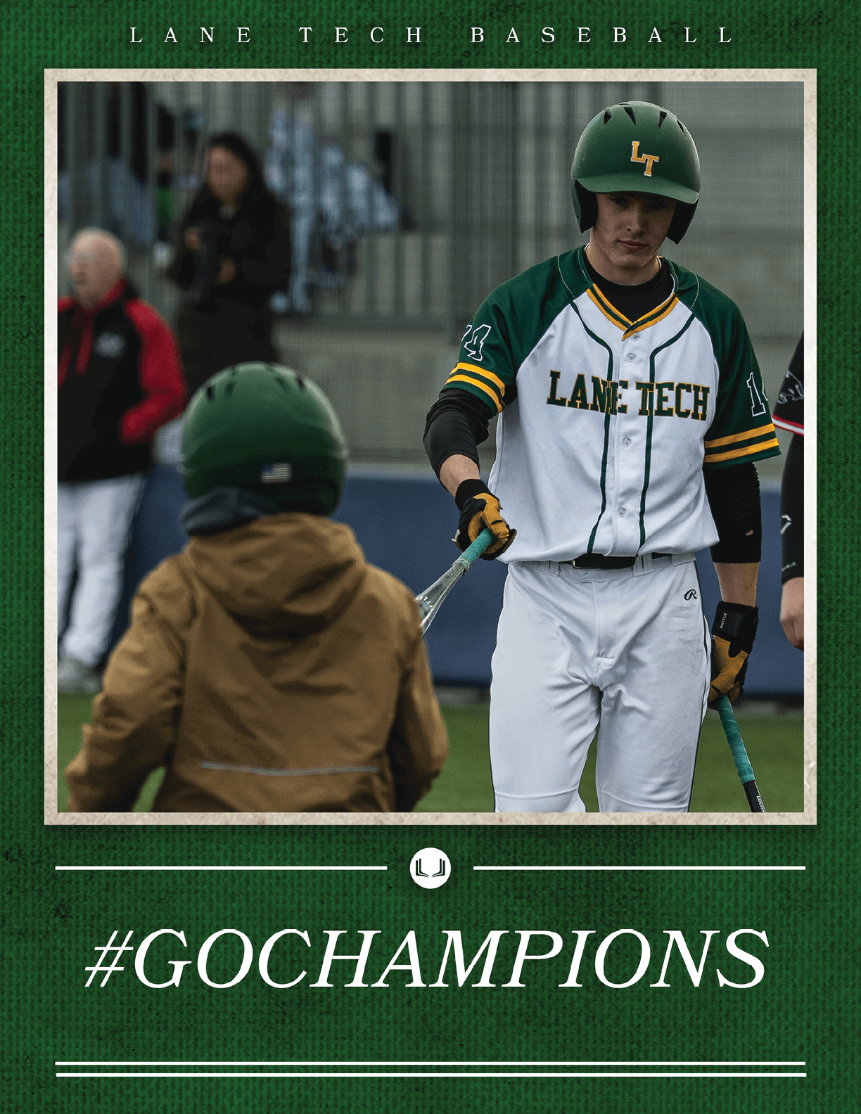 A baseball player wearing a green helmet. Description generated by AI