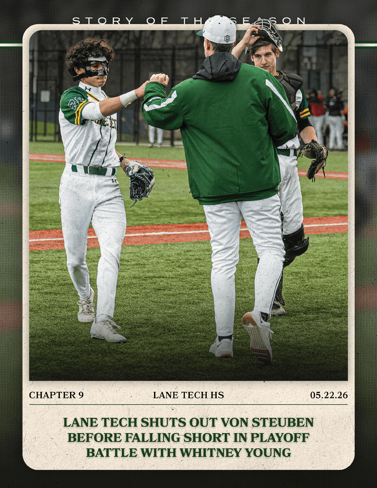A baseball player is congratulating another player. Description generated by AI