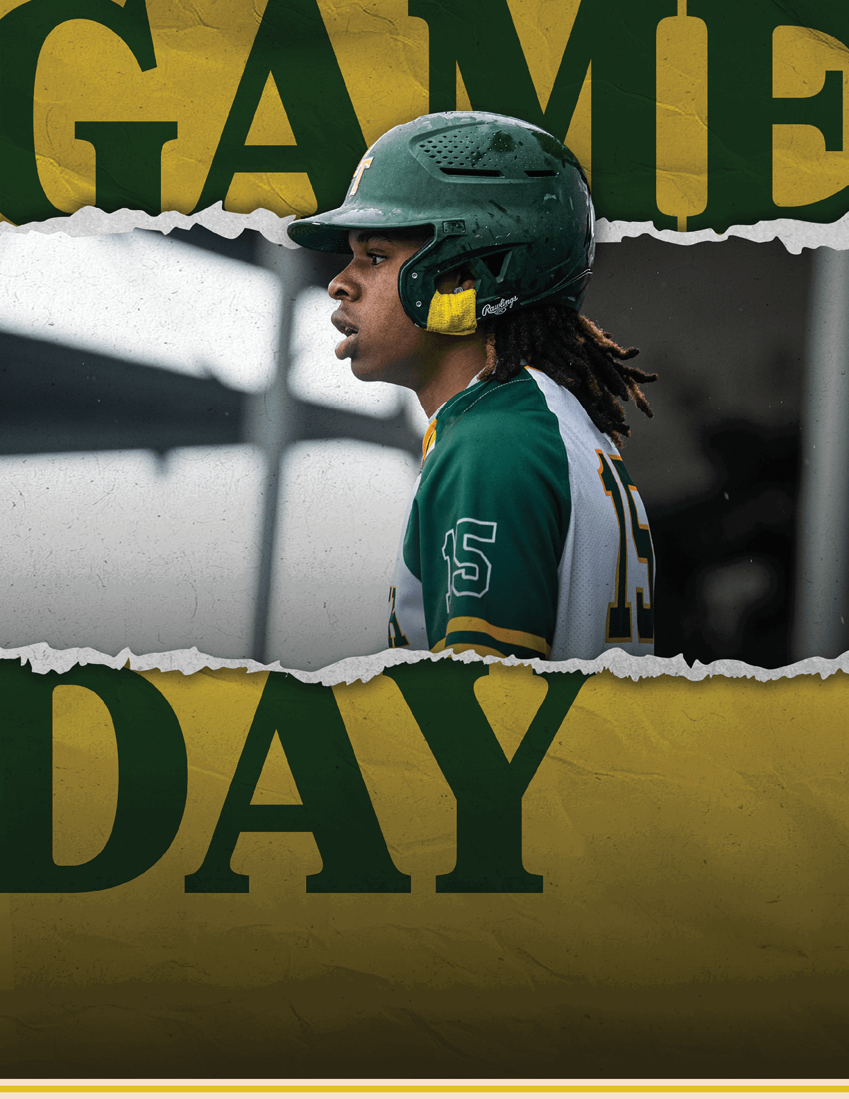 A baseball player wearing a green helmet. Description generated by AI
