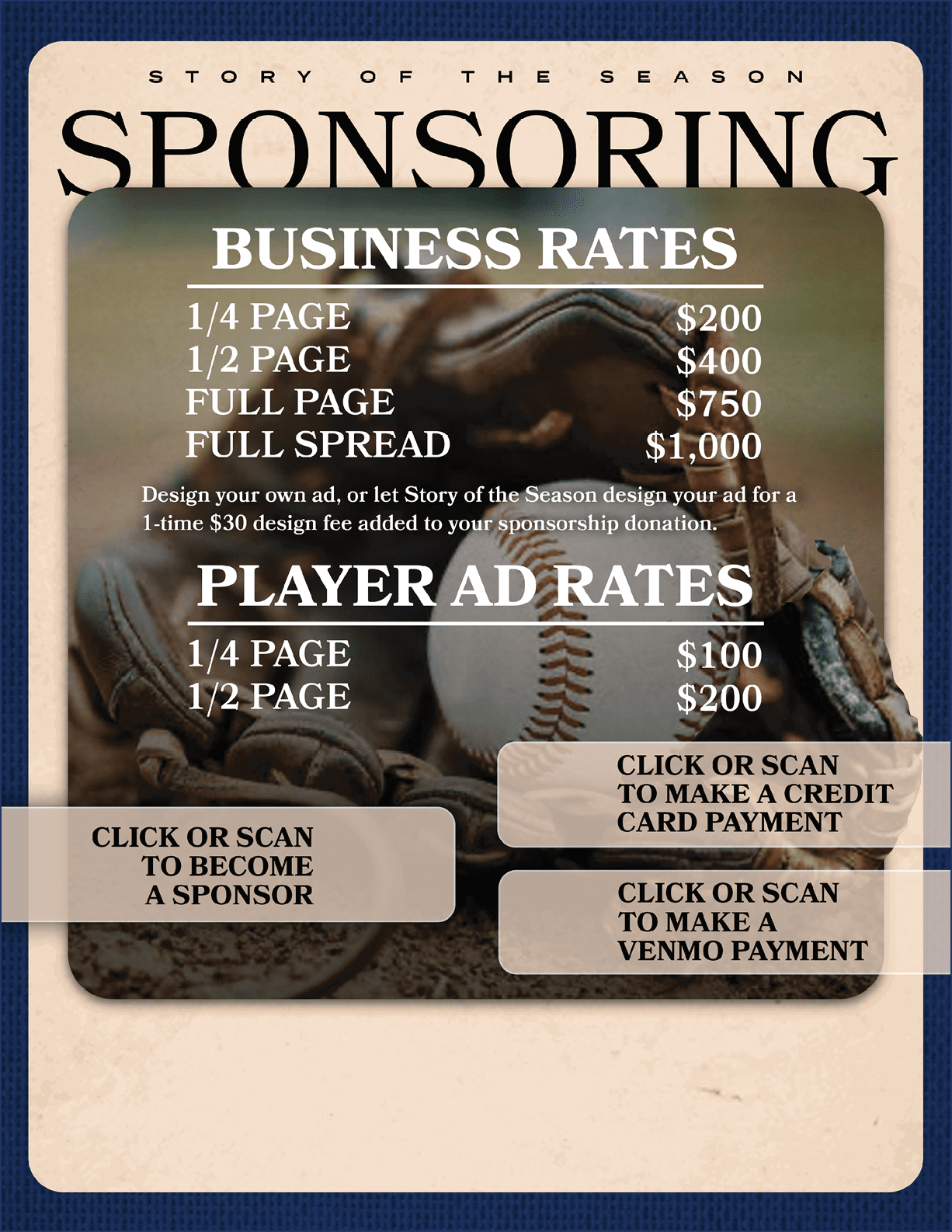 A baseball glove is shown on a flyer advertising sponsorships. AI generated content