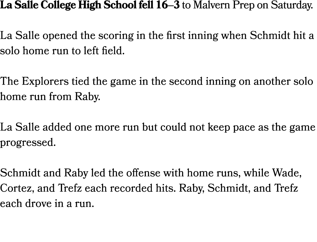 La Salle College High School fell 16–3 to Malvern Prep on Saturday. La Salle opened the scoring in the first inning w...