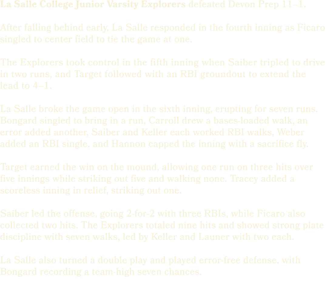 La Salle College Junior Varsity Explorers defeated Devon Prep 11–1. After falling behind early, La Salle responded in...