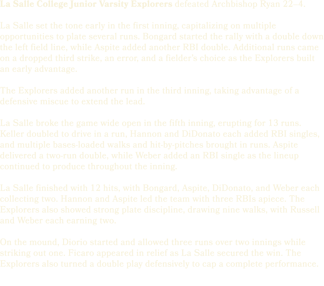 La Salle College Junior Varsity Explorers defeated Archbishop Ryan 22–4. La Salle set the tone early in the first inn...