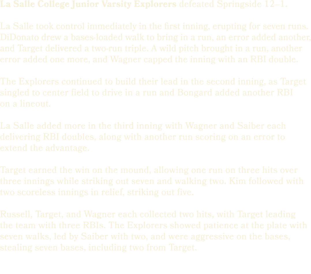 La Salle College Junior Varsity Explorers defeated Springside 12–1. La Salle took control immediately in the first in...