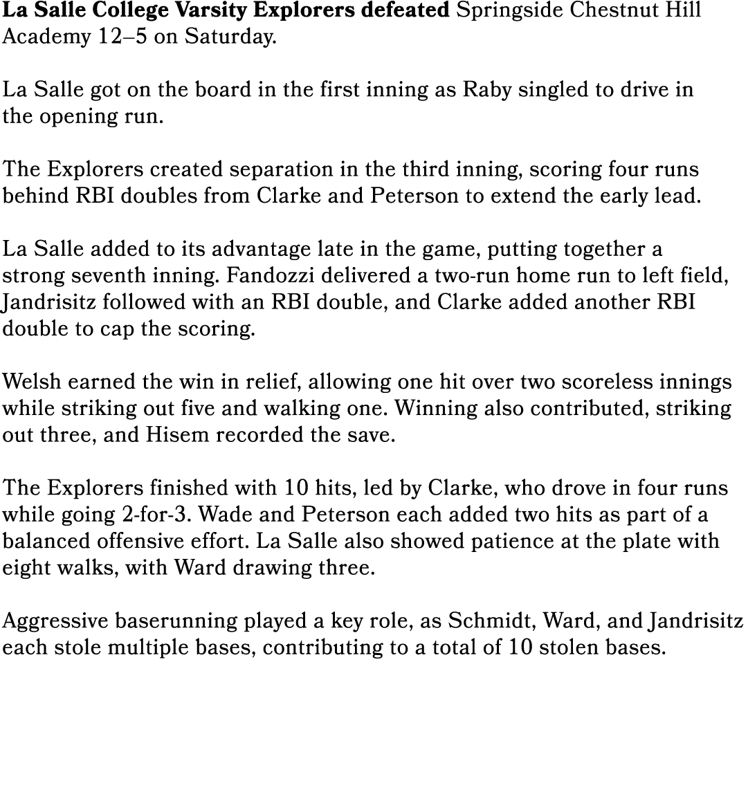 La Salle College Varsity Explorers defeated Springside Chestnut Hill Academy 12–5 on Saturday. La Salle got on the bo...