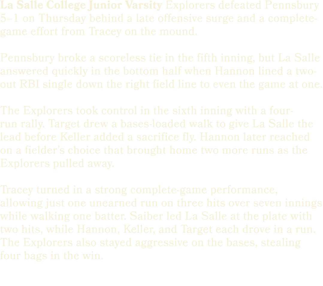 La Salle College Junior Varsity Explorers defeated Pennsbury 5–1 on Thursday behind a late offensive surge and a comp...