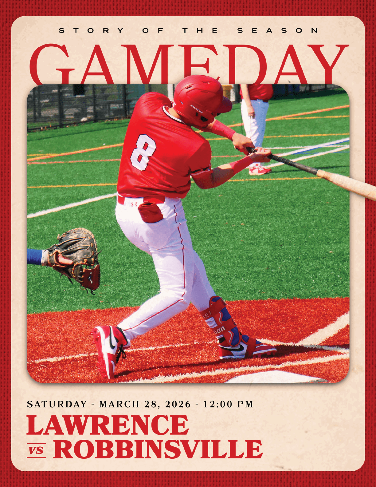 A baseball player in a red jersey is swinging a bat at a ball. AI generated content