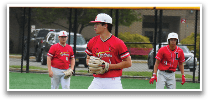 A baseball player in a red shirt and white pants is standing on the pitcher's mound, holding a baseball glove. AI generated content