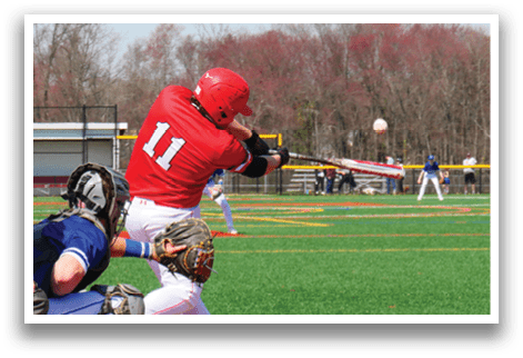 A baseball player in a red jersey is swinging a bat at a ball. AI generated content