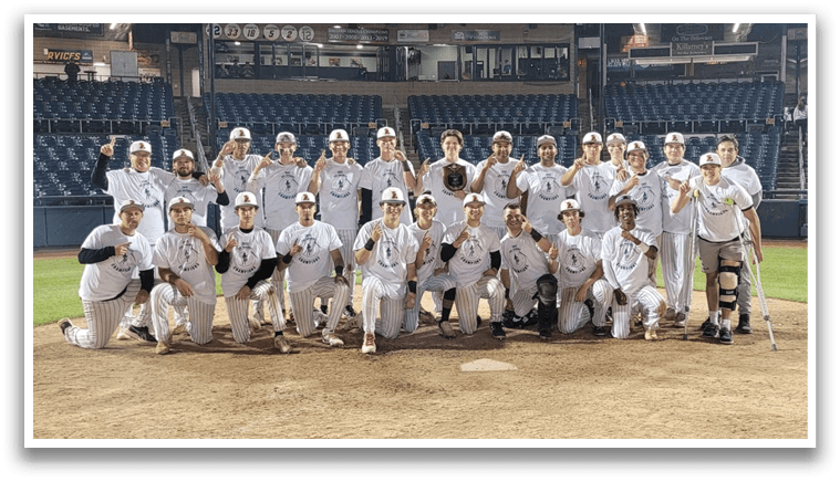 Baseball team posing on field. AI generated content