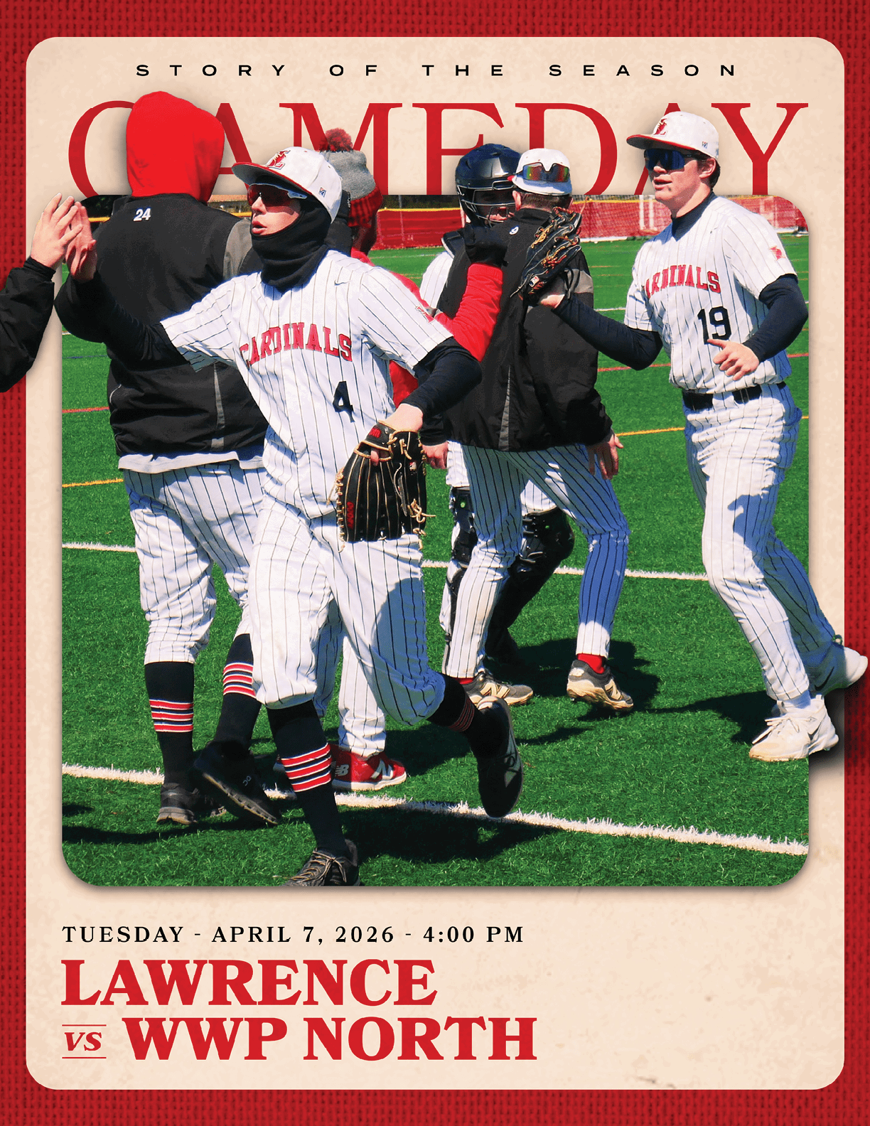 A baseball game is being played between the Cardinals and the WP North team. Description generated by AI