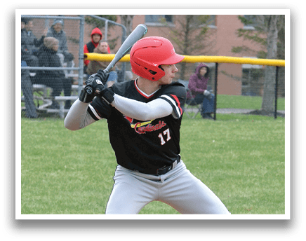 A baseball player is swinging a bat at a ball. Description generated by AI