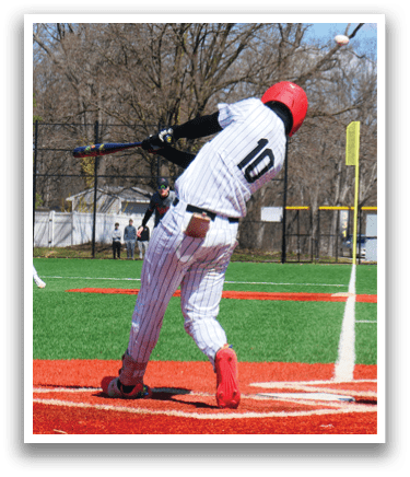 A baseball player is swinging a bat at a ball. Description generated by AI