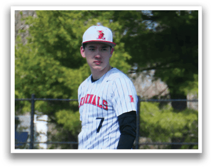A baseball player wearing a red and white uniform. Description generated by AI