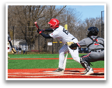 A baseball player is swinging a bat at a ball. Description generated by AI