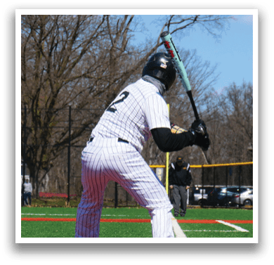 A baseball player is swinging a bat at a ball. Description generated by AI