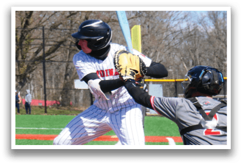 A baseball player is swinging a bat at a ball. Description generated by AI