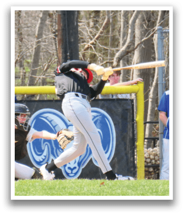 A baseball player is swinging a bat at a ball. Description generated by AI