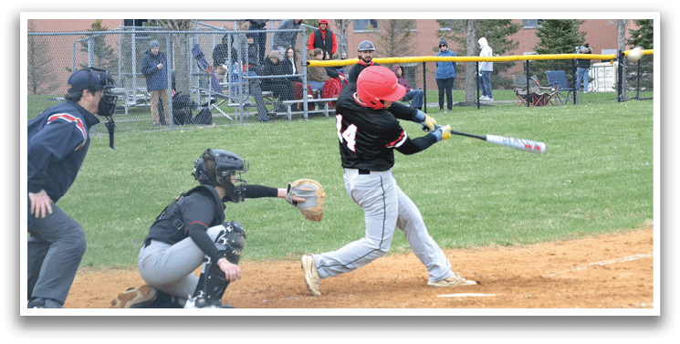 A baseball player is swinging a bat at a ball. Description generated by AI