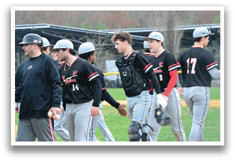 Baseball players walking on a field. Description generated by AI