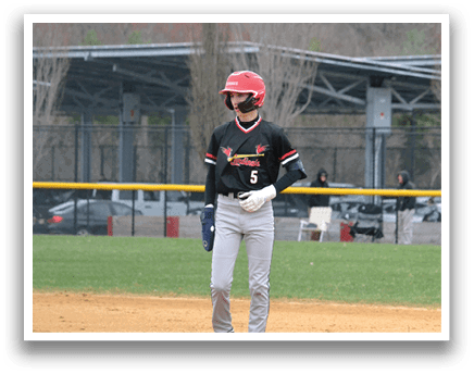 A baseball player wearing a red helmet and black shirt. Description generated by AI