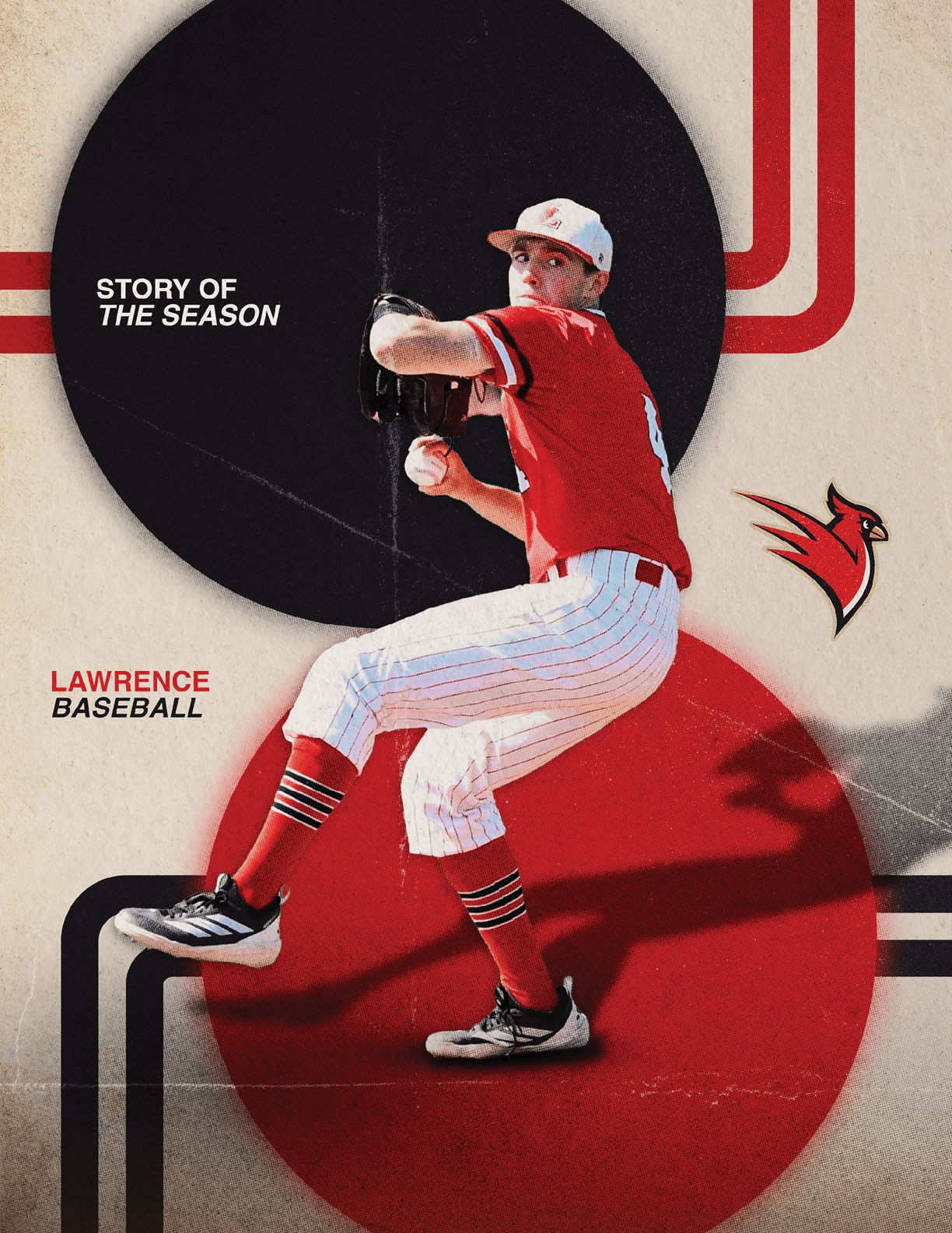 A baseball player in a red and white uniform is pitching a ball. Description generated by AI