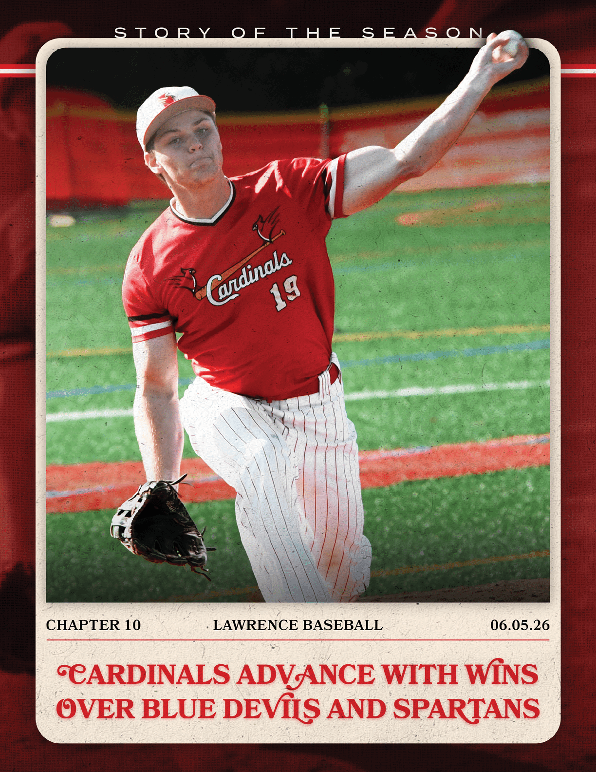 A baseball player wearing a red and white uniform. Description generated by AI