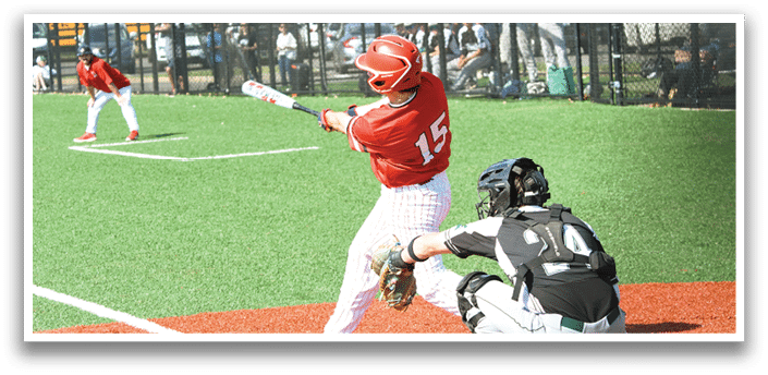 A baseball player is swinging a bat at a ball. Description generated by AI