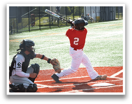 A baseball player is swinging a bat at a ball. Description generated by AI