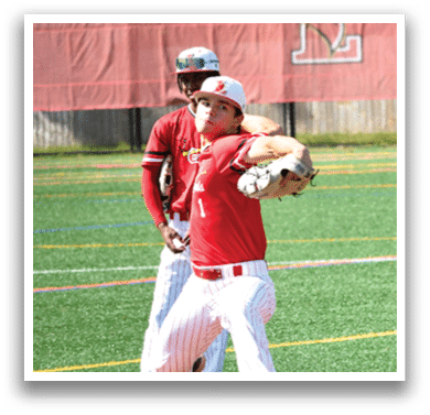 A baseball player in a red shirt and white pants is pitching a ball. Description generated by AI