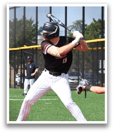 A baseball player is swinging a bat at a ball. Description generated by AI