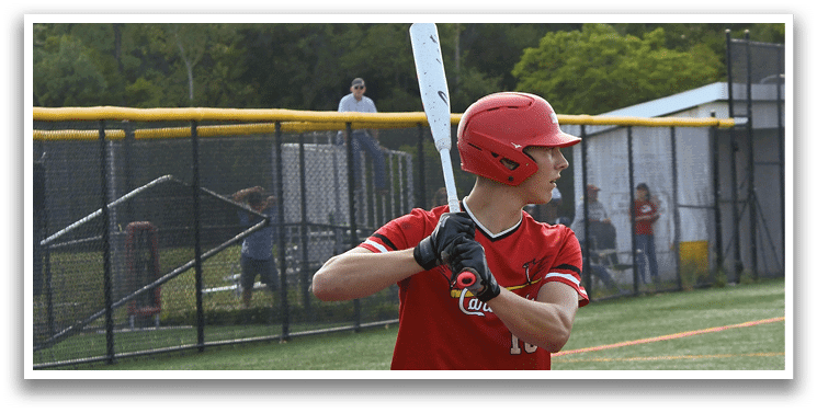 A baseball player in a red shirt and white pants holding a bat. Description generated by AI