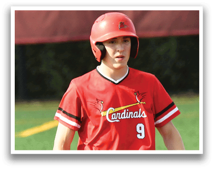 A baseball player wearing a red and white shirt with the number 9 on it. Description generated by AI