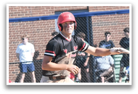 A baseball player wearing a red shirt and black helmet. Description generated by AI