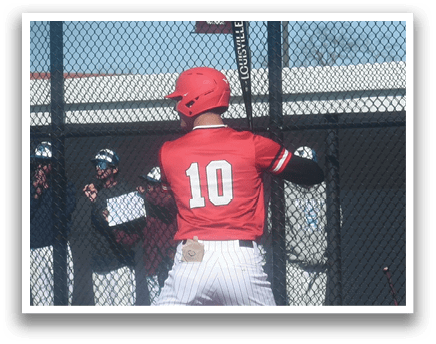 A baseball player wearing a red shirt with the number 10 on it. Description generated by AI