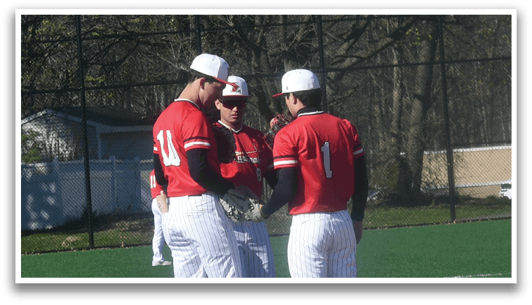 A baseball field with three baseball players standing on it. Description generated by AI