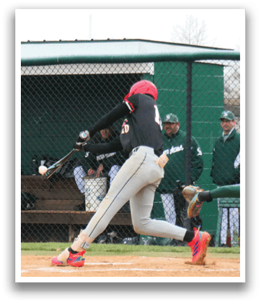 A baseball player is swinging a bat at a ball. Description generated by AI