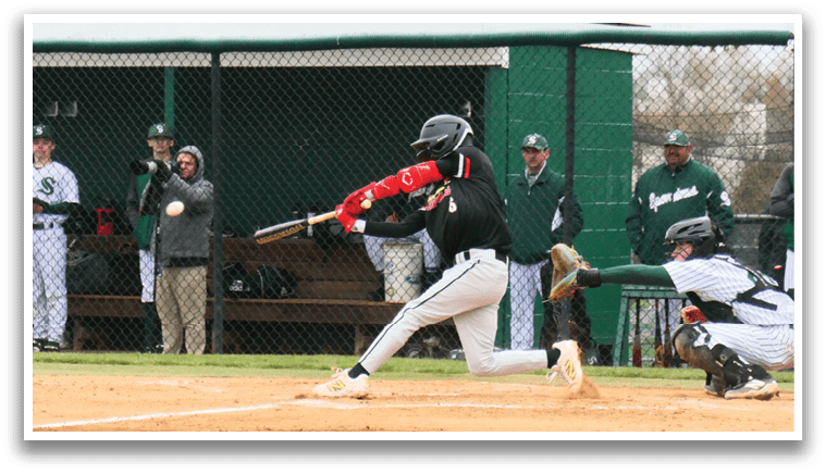 A baseball player is swinging a bat at a ball. Description generated by AI
