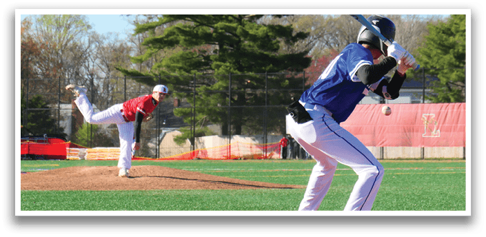 A baseball player is swinging a bat at a ball. Description generated by AI